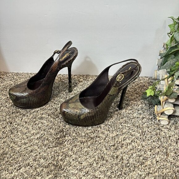 Yves Saint Laurent Shoes - Yves Saint Laurent Rive Gauche Green Snake Python Leather Tribtoo Pumps